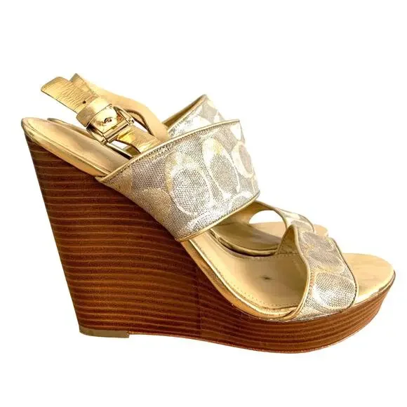 Coach Jezebel Metallic Logo Wood Heel Open Toe Buckle Wedge in Gold Silver 8.5